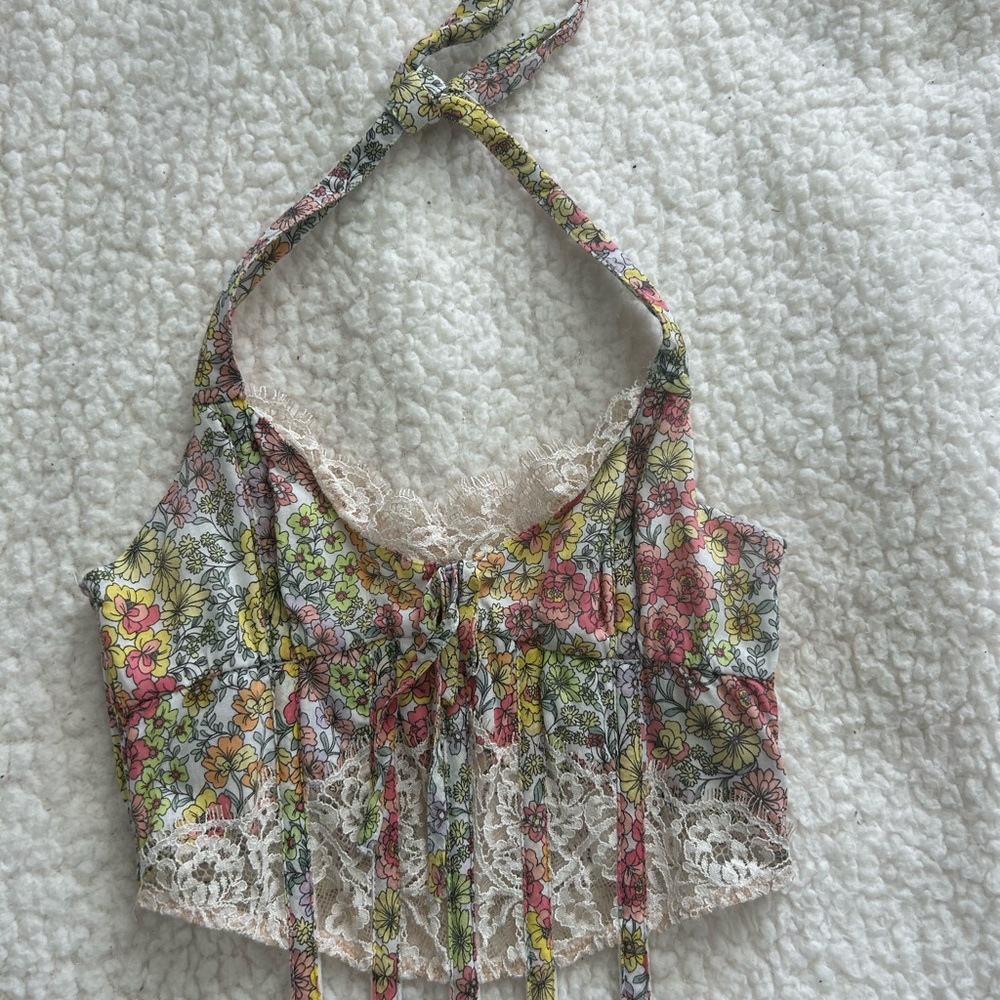 For Love And Lemons Multicolor Floral Lace Crop Top